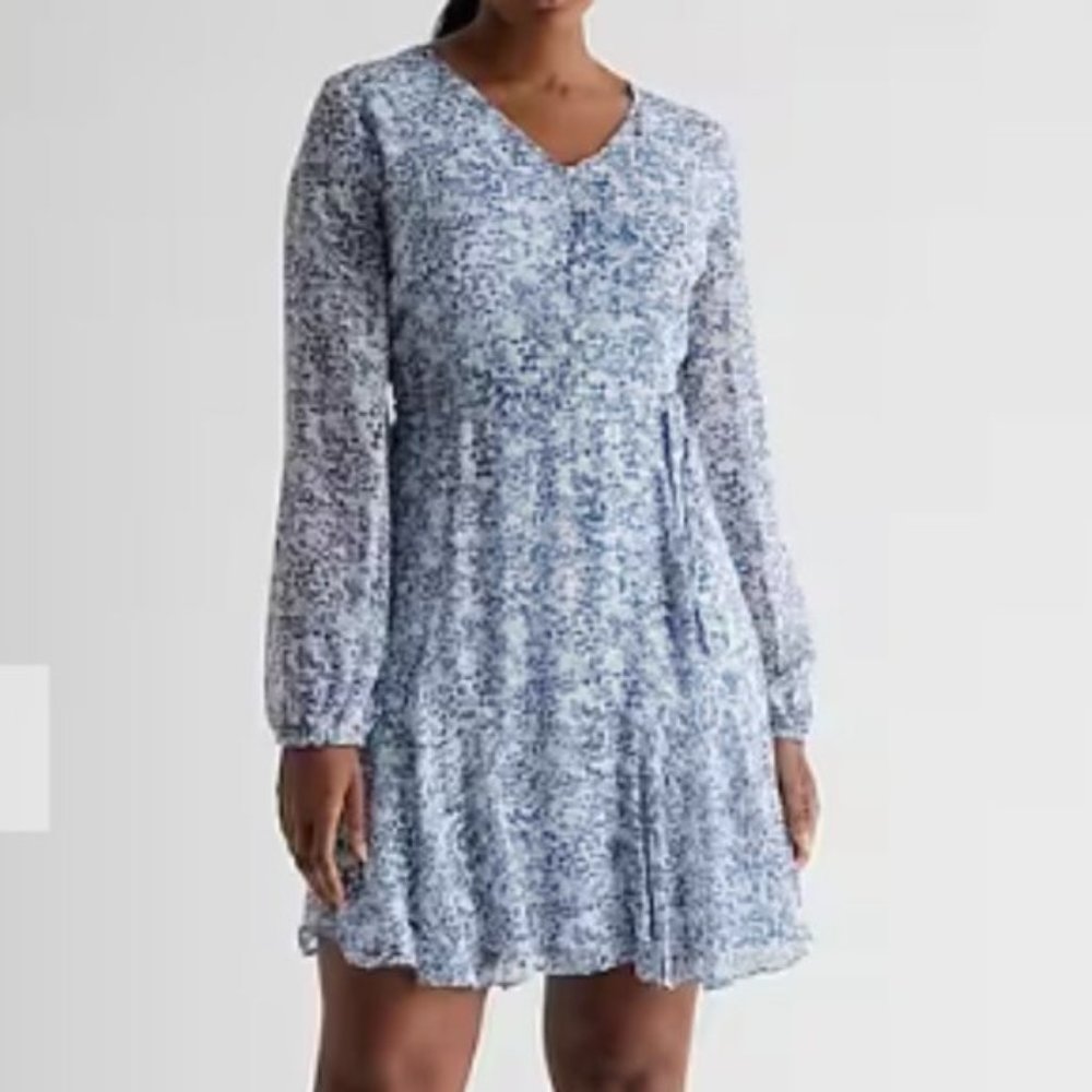 NWT - Express Floral Button Long Sleeve Front Tie Waist Mini Dress - M